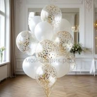 Фонтан из белых шаров металлик и конфетти золото